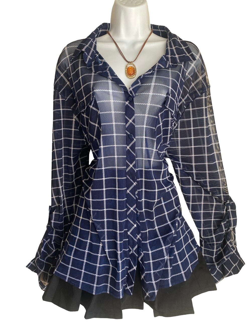 Eden & Olivia Plus 2X Navy Windowpane Sheer Button Up Blouse Whimsigoth Office
